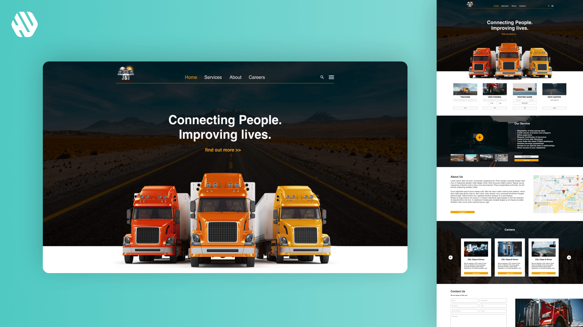 Webpage screenshot of a logistics company featuring orange trucks on a desert road.